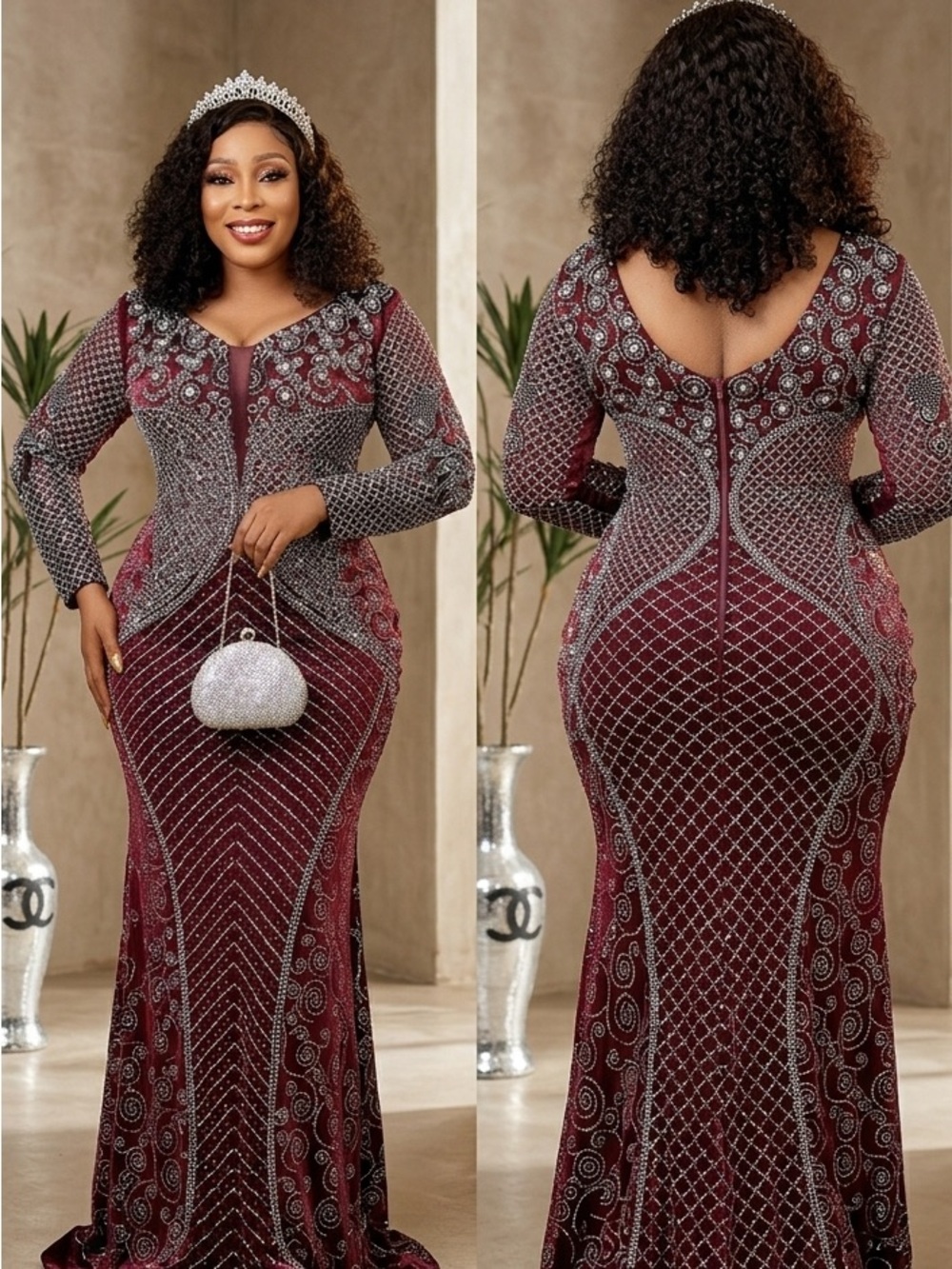 Elegant Beaded Wine-Red Evening Gown with Long Sleeves